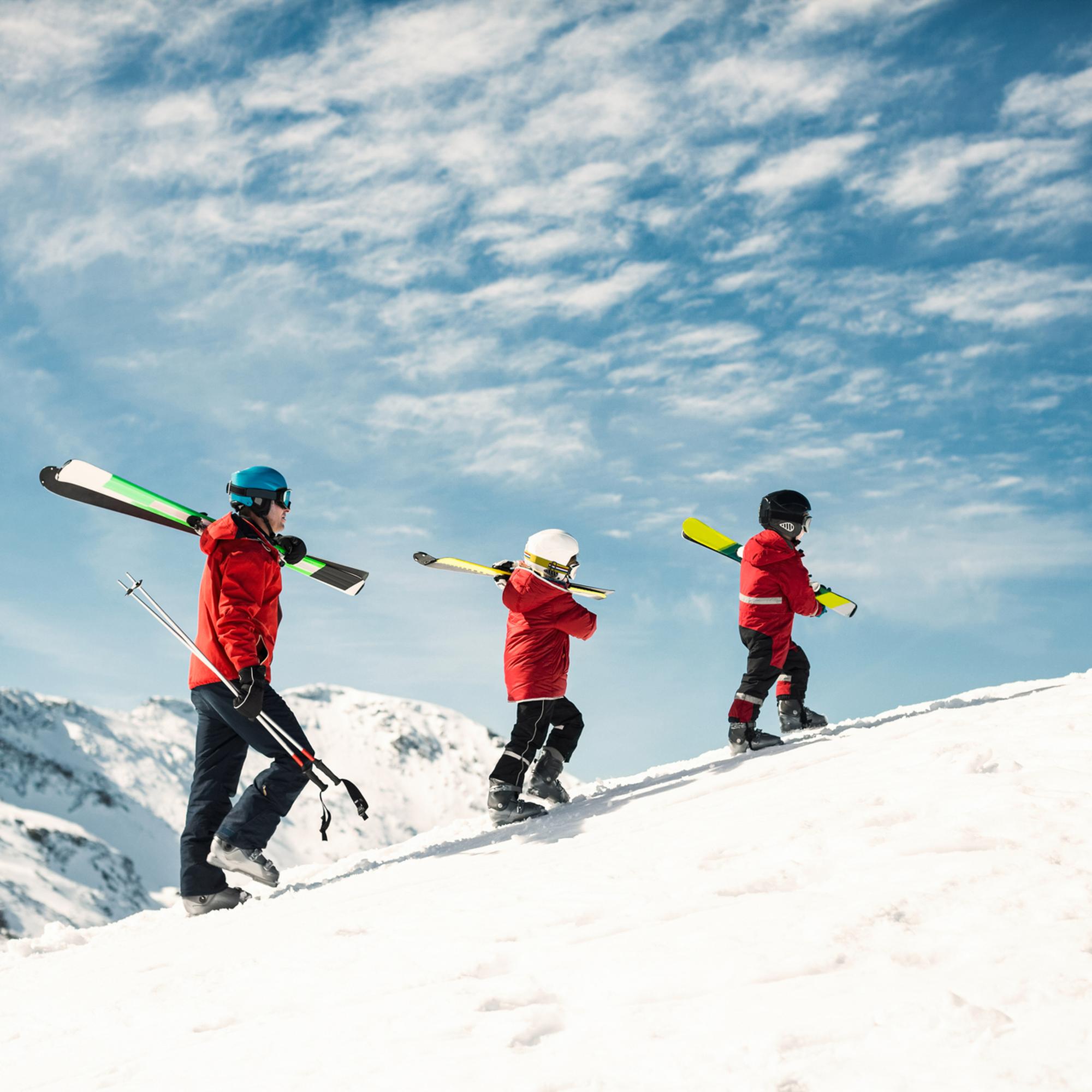 Familj på berg med skidor.