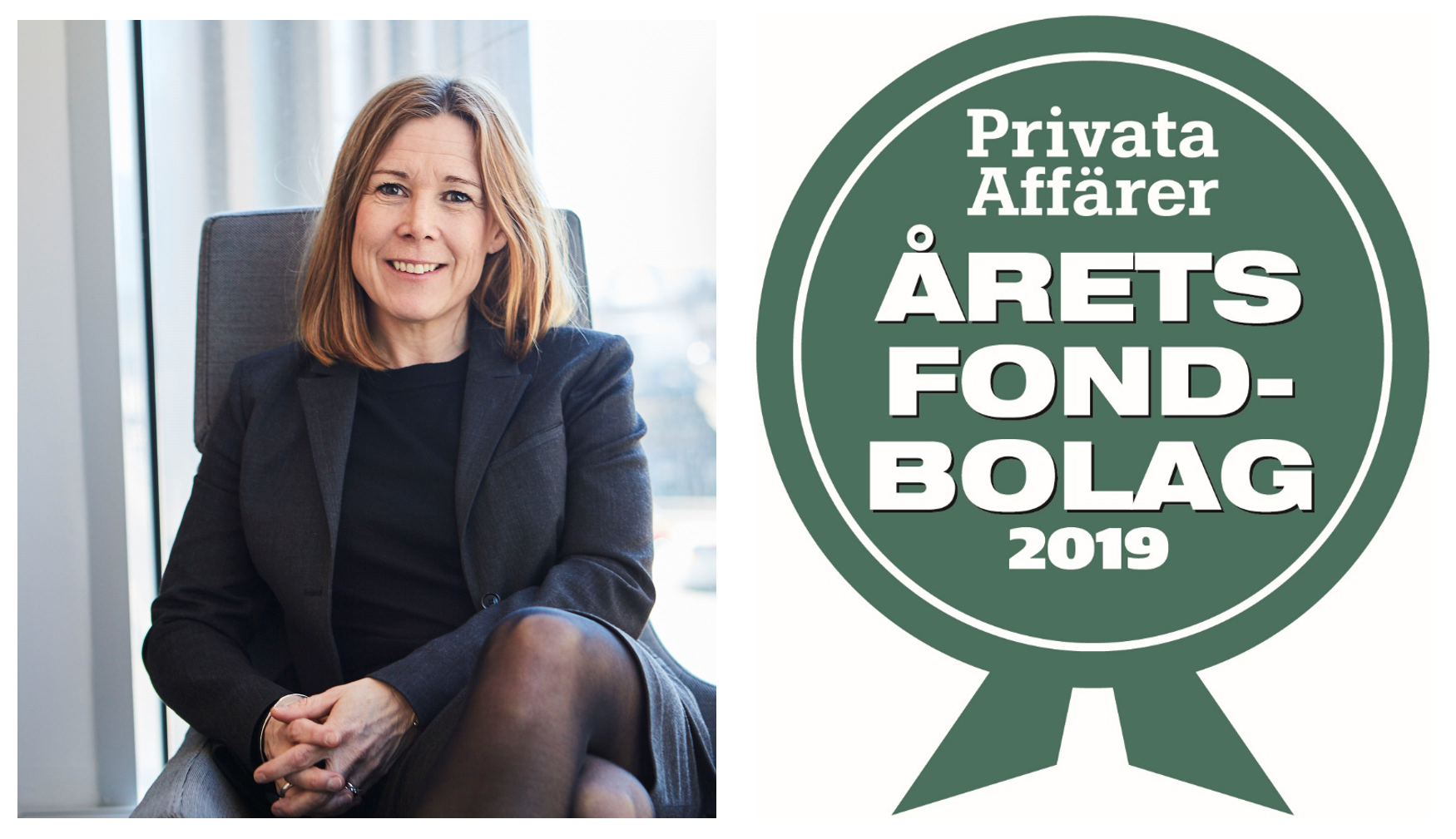 Åsa Wallenberg i affärsmiljö bredvid utmärkelsen "Privata Affärer Årets Fondbolag 2019"