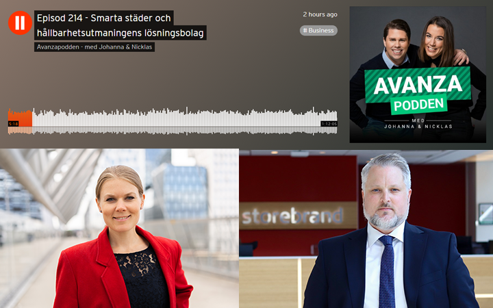 Avanzapodden episod 214 om smarta städer och hållbarhetsutmaningar. Bild på två olika personer, inklusive en kvinna i röd kavaj och en man i kostym. Podcastomslag med texten "Avanzapodden med Johanna & Nicklas"