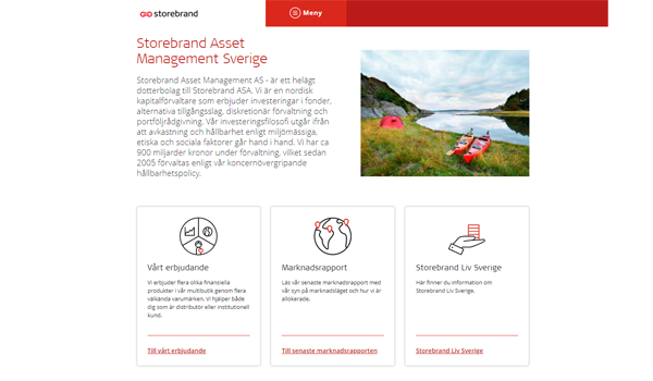 Storebrand Asset Management Sveriges hemsida med information om hållbara investeringar och tjänster, inklusive ett naturskönt landskap med tält vid en sjö