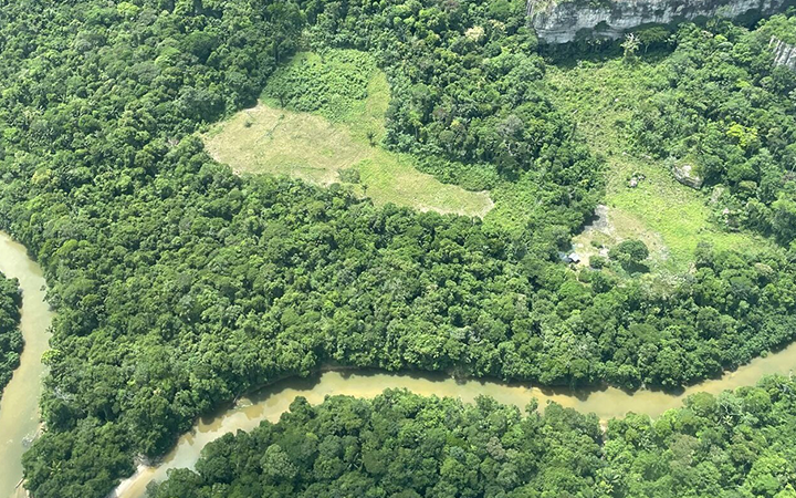Flygfoto över en frodig, grönskande regnskog med en slingrande flod, Guatemala