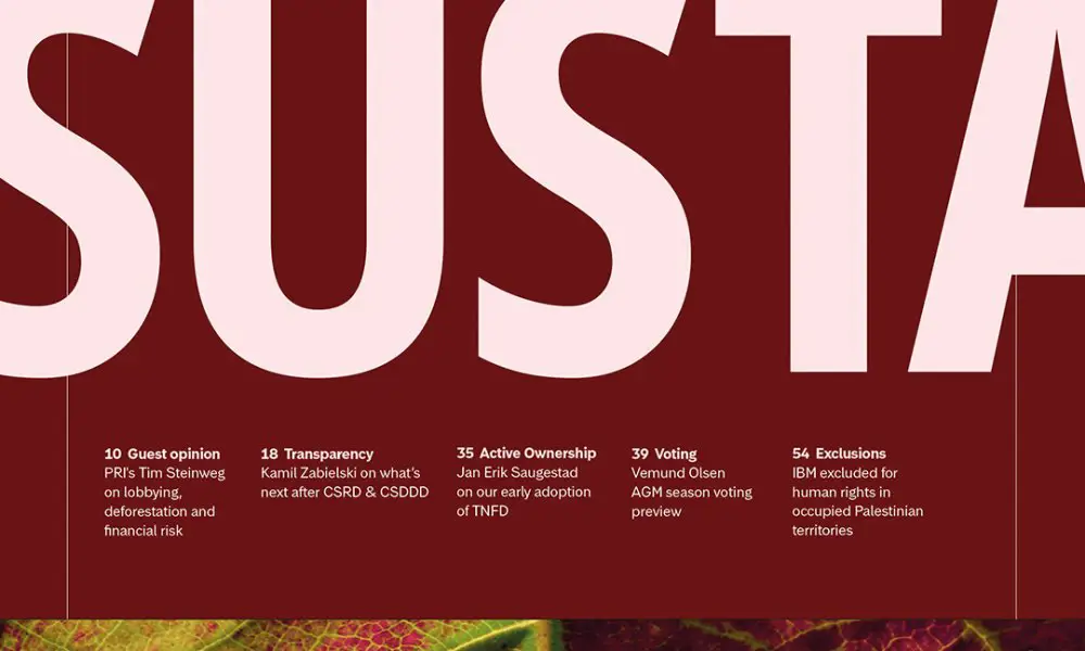 Utdrag från ett magasin med rubriker som diskuteras: "Gäståsikt", "Transparency", "Active Ownership", "Voting", och "Exklusioner". Innehåll relaterar till lobbying, risker, regelverksöversikter och företagsansvar