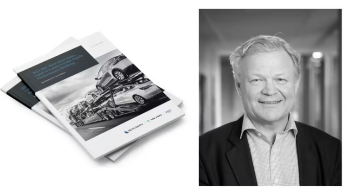 Broschyrer om bilindustrins framtid och affärsstrategier bredvid ett porträtt av en man i kostym