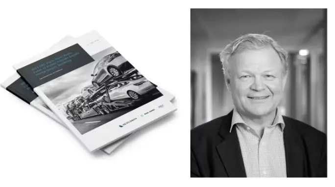 Broschyrer om bilindustrins framtid och affärsstrategier bredvid ett porträtt av en man i kostym
