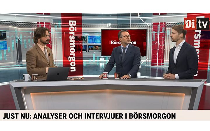 Tre personer i en tv-studio under programmet Börsmorgon. Texten "JUST NU: ANALYSER OCH INTERVJUER I BÖRSMORGON" syns i bildens nederkant