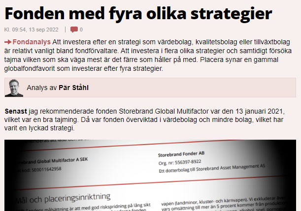 Artikel om fondstrategier från Placera.se, med fyra olika investeringsmetoder. Innehåller analys av Pär Ståhl och rekommendation av fonden Storebrand Global Multifactor