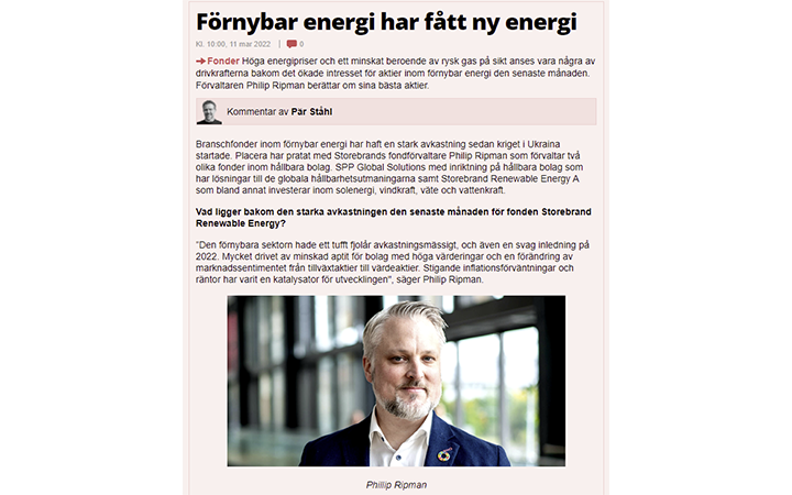 Artikel om förnybar energi och investeringar med Philip Ripman från Storebrand, publicerad på fondanalys.se