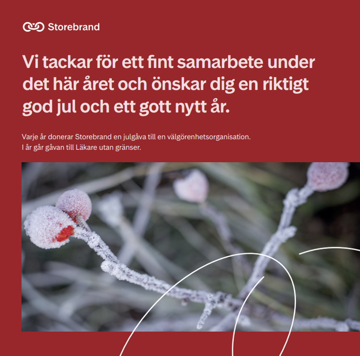 Storebrand julhälsning 2023 med vinterbild på frosttäckta bär och text om julgåva till Läkare utan gränser
