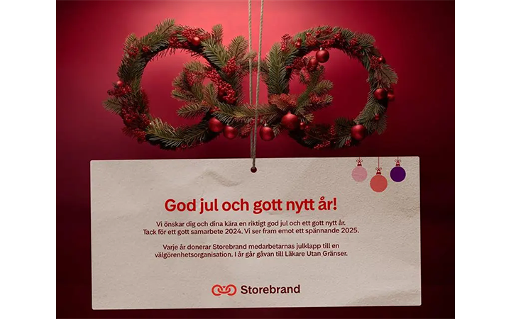 Julkort från Storebrand med hälsning: "God jul och gott nytt år!" och information om donation till Läkare Utan Gränser 2024, dekorerat med två julkransar mot röd bakgrund