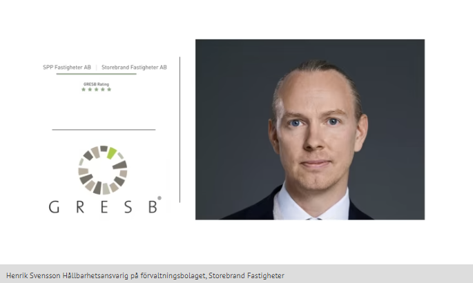 Porträtt av en man i kostym bredvid GRESB-logotyp och rating för SPP Fastigheter AB och Storebrand Fastigheter AB