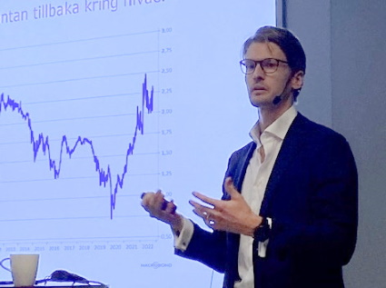 Man ger en presentation om ekonomiska trender med diagram på skärm i bakgrunden