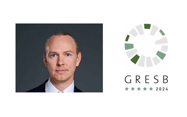 Personfotografi bredvid GRESB-logotyp 2024 med gröna stjärnor, symboliserar hållbarhetsbedömning