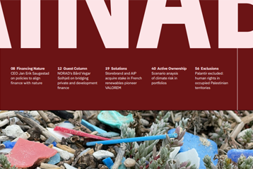 Tidningssida med rubriker om finansiering av natur, gästkolumn om utvecklingsfinansiering, lösningar för förnybar energi, klimatets påverkan på portföljer och uteslutningar i Palestina. Bild av plastskräp på marken