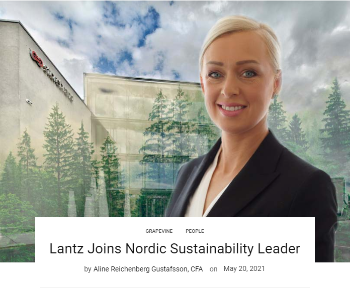 Kvinna framför byggnad med skogshimmelbakgrund, artikelrubrik om utnämning inom nordiskt hållbarhetsledarskap