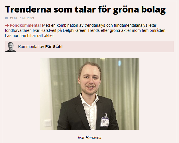 Ivar Harstveit i kostym ler framför en beige bakgrund med text om gröna aktiemarknader och trendanalys av Ivar Harstveit på Delphi Green Trends