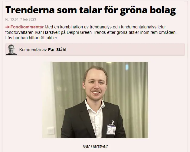Ivar Harstveit i kostym ler framför en beige bakgrund med text om gröna aktiemarknader och trendanalys av Ivar Harstveit på Delphi Green Trends