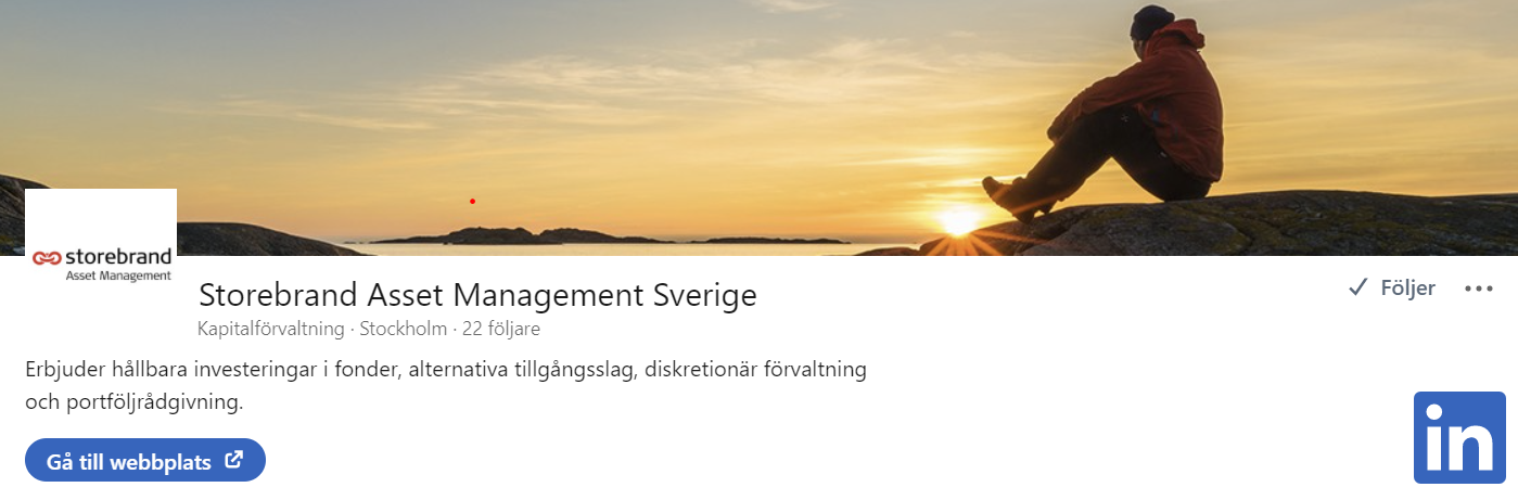 Storebrand Asset Management Sverige, företagssida på LinkedIn, erbjuder hållbara investeringar, alternativa tillgångar, diskretionär förvaltning och portföljrådgivning, med en solnedgång och siluett av en person vid havet i bakgrunden