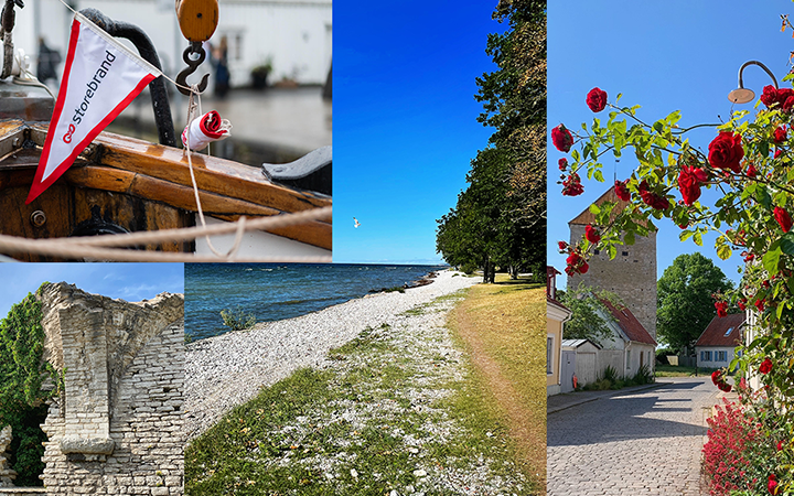 Collage av Gotlandslandskap: Närabild av en båt med Stora Ensos flagga, kustlinje med blått hav och stenar, historiska ruiner av kalkstensmur, och en pittoresk gata med rosor i blom