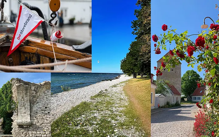 Collage av Gotlandslandskap: Närabild av en båt med Stora Ensos flagga, kustlinje med blått hav och stenar, historiska ruiner av kalkstensmur, och en pittoresk gata med rosor i blom