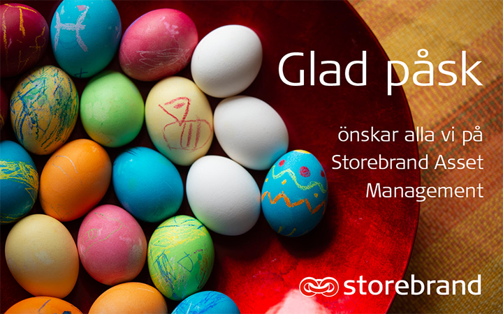 Färgglada påskägg och textmeddelande som säger "Glad påsk" från Storebrand Asset Management