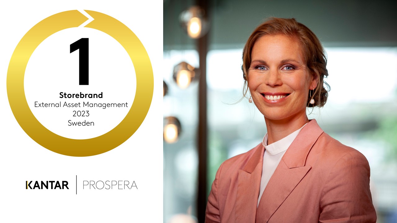 Storebrand rankad som nummer ett för extern kapitalförvaltning i Sverige 2023 enligt Kantar Prospera, med leende kvinna i rosa kavaj i bild