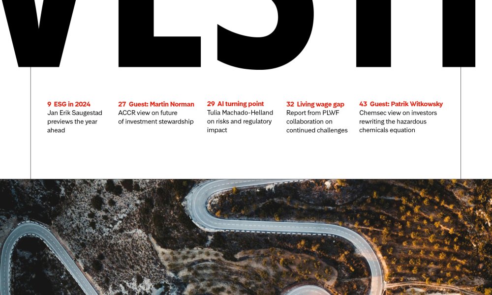 Tidskriftsomslag med rubriker: ESG 2024, AI och investeringar. Vacker kurvig väg i bakgrunden