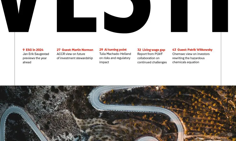 Tidskriftsomslag med rubriker: ESG 2024, AI och investeringar. Vacker kurvig väg i bakgrunden