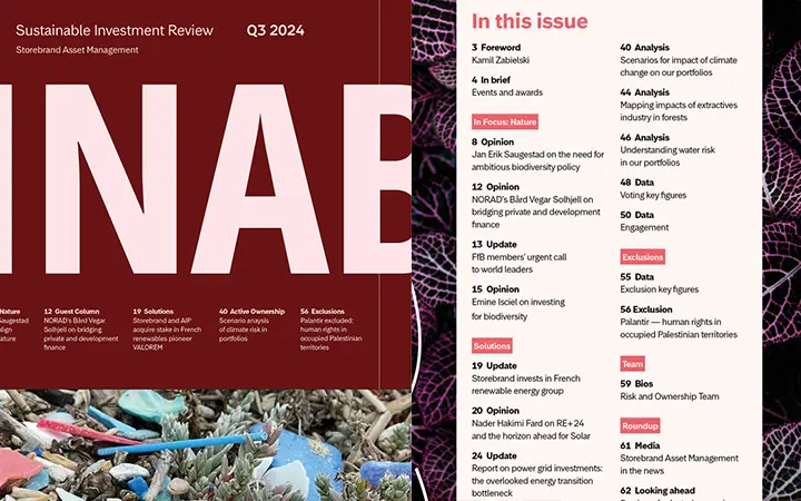 Omslag av "Sustainable Investment Review" för Q3 2024 från Storebrand Asset Management med en innehållsförteckning som inkluderar artiklar om klimatförändringars påverkan, ansvarsfullt ägande och förnybar energi
