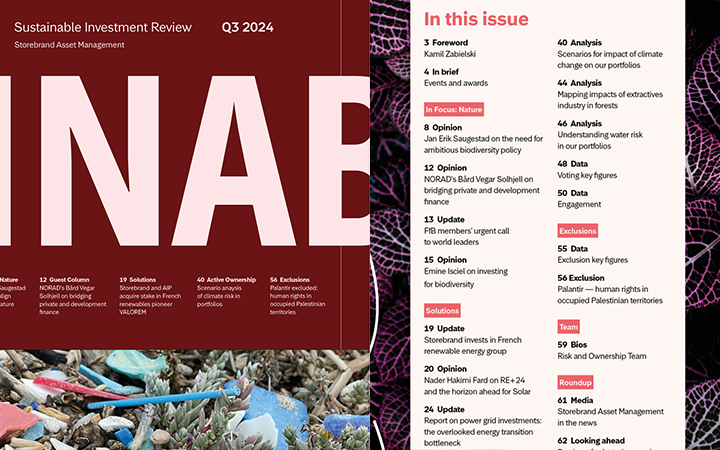 Omslag av "Sustainable Investment Review" för Q3 2024 från Storebrand Asset Management med en innehållsförteckning som inkluderar artiklar om klimatförändringars påverkan, ansvarsfullt ägande och förnybar energi