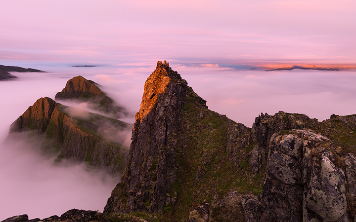Bergtoppar i solnedgång ovanför molnen i Lofoten, Norge, med dramatiskt rosa och orange ljus