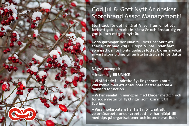 God Jul-hälsning från Storebrand Asset Management med vintermotiv av snöklädda röda bär, innehållande text om stöd till Ukraina och UNHCR, samt insatser för flyktingar i Europa under 2022