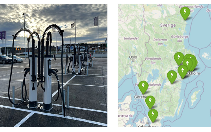 Laddstationer för elbilar vid en parkeringsplats tillsammans med en karta över Sverige som visar flera laddstationer markerade med gröna ikoner runt Stockholm och Göteborg