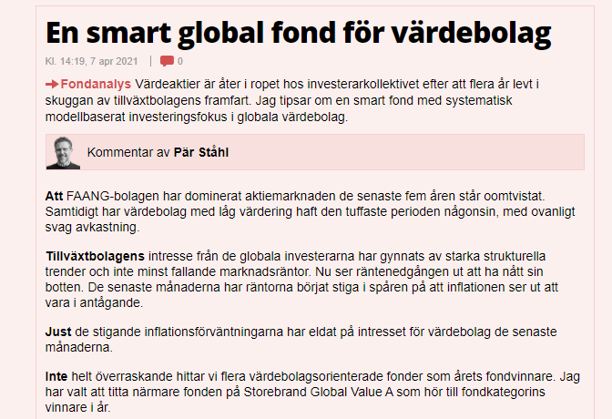 Artikel om en smart global fond för värdebolag, skriven av Pär Ståhl. Diskuterar FAANG-bolagens inflytande på marknaden och värdebolags starka utveckling under stigande inflationsförväntningar. Presenterar fondtips för investerare i värdebolag