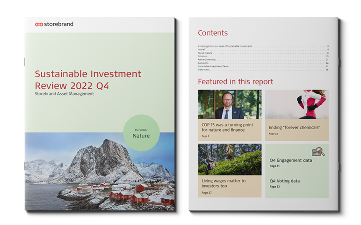 Storebrands rapport "Sustainable Investment Review 2022 Q4" med temat natur och hållbara investeringar, innehåller innehållsförteckning och rubriker om COP 15, kemikalier, levnadslöner, och Q4-data