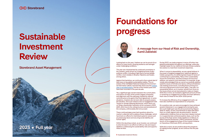 Sustainable Investment Review 2023 från Storebrand Asset Management med fokus på hållbarhet och framtidsutsikter, inklusive ledarbudskap av Kamil Zabelieski