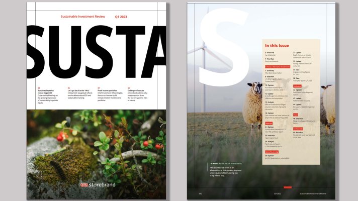 Omslag och innehållsförteckning för "Sustainable Investment Review Q1 2023", med bilder av natur och en vindkraftverk samt får i bakgrunden. Storebrands logotyp finns på omslaget