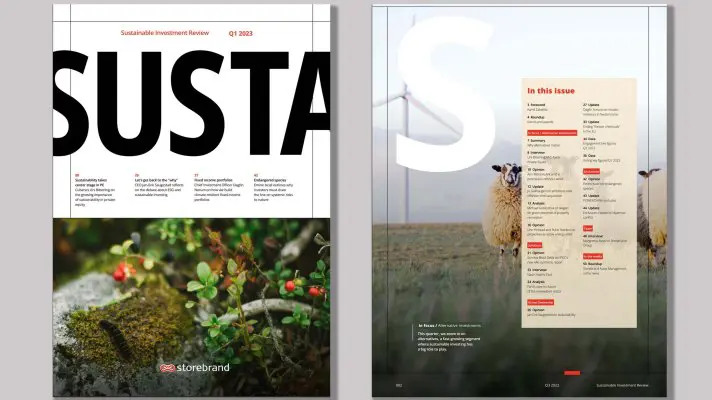Omslag och innehållsförteckning för "Sustainable Investment Review Q1 2023", med bilder av natur och en vindkraftverk samt får i bakgrunden. Storebrands logotyp finns på omslaget