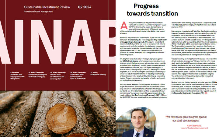 Omslag av "Sustainable Investment Review" för Q2 2024 av Storebrand Asset Management, med bild på timmerstockar. Innehåller rubriker om hållbara investeringar och klimatframsteg. Bild på en person som citeras med ett uttalande om klimatmål för 2025