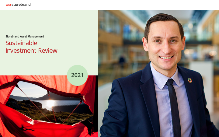 Storebrand Asset Management Sustainable Investment Review 2021 med bild på en man i kostym framför en modern kontorsmiljö