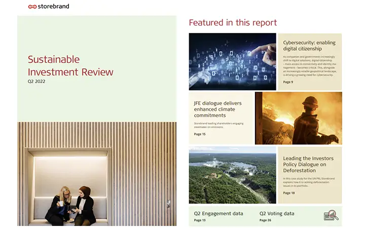 Bild av en rapport från Storebrand med titeln "Sustainable Investment Review Q2 2022". Innehåller bilder med rubriker om cybersäkerhet, klimatåtaganden och avskogning