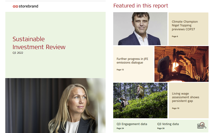 Omslagsbild för Storebrand's hållbara investeringsrapport Q3 2022. Bilden innehåller texten "Sustainable Investment Review" och visar en kvinna med långt blont hår. Till höger finns utdrag ur rapporten med klimatfokus och engagemangsdata