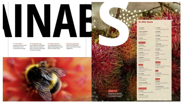 Tidskriftsuppslag med närbild av humla på blomma och rambutanfrukt. Innehållsförteckning listar artiklar om hållbarhet, klimatdata och nordiskt samarbete