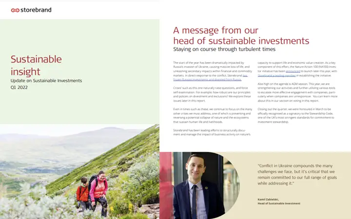 Omslag för Storebrands rapport "Sustainable Insight" Q1 2022 med fokus på hållbara investeringar. Innehåller ett meddelande från chefen för hållbara investeringar, ett foto av en person, samt en naturbild med vandrare