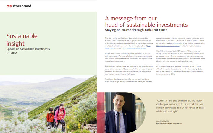 Omslag för Storebrands rapport "Sustainable Insight" Q1 2022 med fokus på hållbara investeringar. Innehåller ett meddelande från chefen för hållbara investeringar, ett foto av en person, samt en naturbild med vandrare