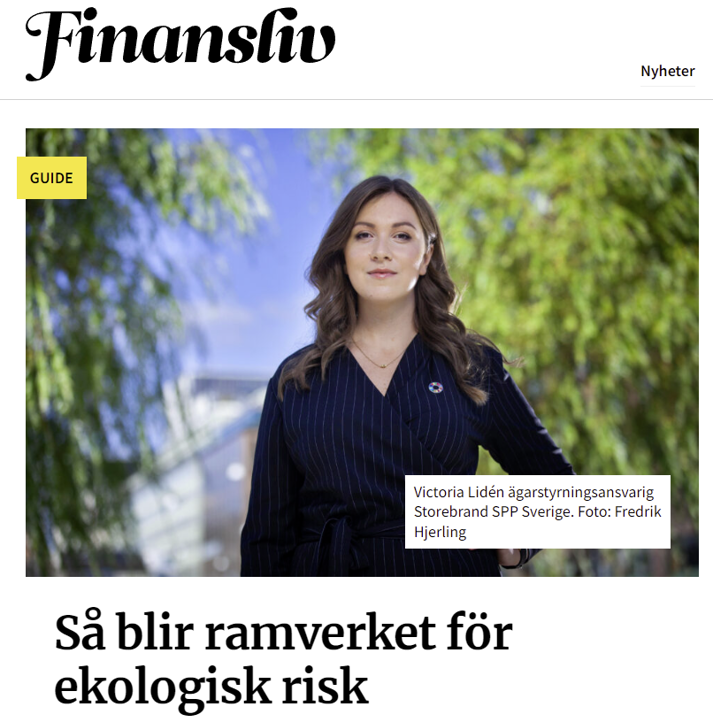 Victoria Lideni mörk kostym står utomhus framför grönskande träd, med texten "Så blir ramverket för ekologisk risk" under
