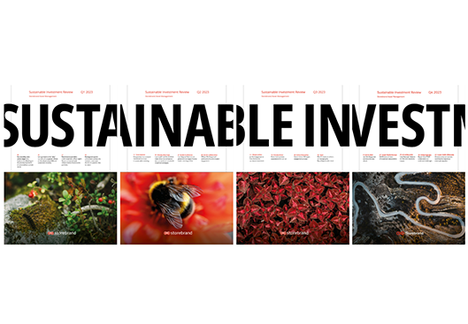 Omslag av rapport om hållbara investeringar med bilder av naturmotiv som bär, insekter och landskap, texten "Sustainable Investment Review" synlig ovanför