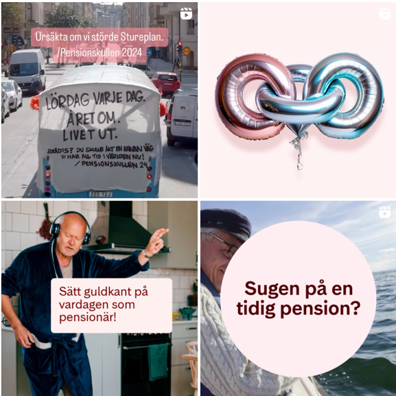 Kollage med bilder av en reklamkampanj för pensionsplanering 2024. En bil med text om livsnjutning, metalliska ballonger formade som länkar, en man i badrock som lyssnar på musik, och en äldre man nära vatten med budskapet "Sugen på en tidig pension?"
