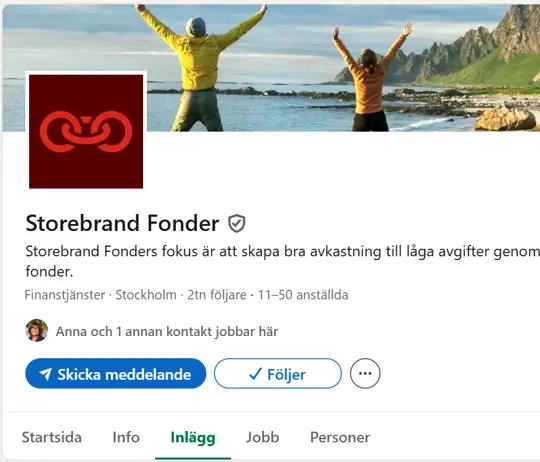 Företagsprofil för Storebrand Fonder på LinkedIn som erbjuder finanstjänster i Stockholm med fokus på lågavgiftsfonder för bra avkastning. Två personer sträcker upp armarna vid ett naturskönt kustlandskap