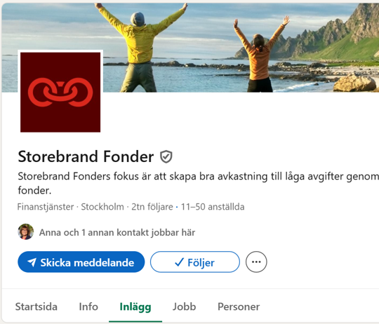 Företagsprofil för Storebrand Fonder på LinkedIn som erbjuder finanstjänster i Stockholm med fokus på lågavgiftsfonder för bra avkastning. Två personer sträcker upp armarna vid ett naturskönt kustlandskap