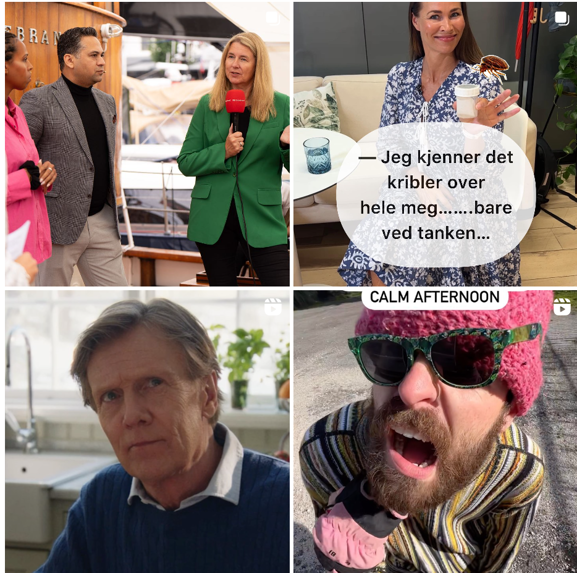 Collage med fyra bilder: 1. Två personer pratar med en reporter som håller en mikrofon. 2. Leende kvinna i blå klänning håller en kaffekopp med textbubbla. 3. Man i blå tröja sitter vid ett köksbord. 4. Man i rosa mössa och solglasögon skriker utomhus, text "CALM AFTERNOON"